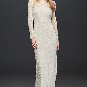 Allover Scroll Beaded Illusion Long Sleeve Gown Sz 16